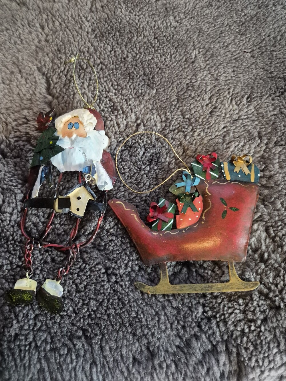 Holiday Santa and Sleigh Metal Ornament Set - Red